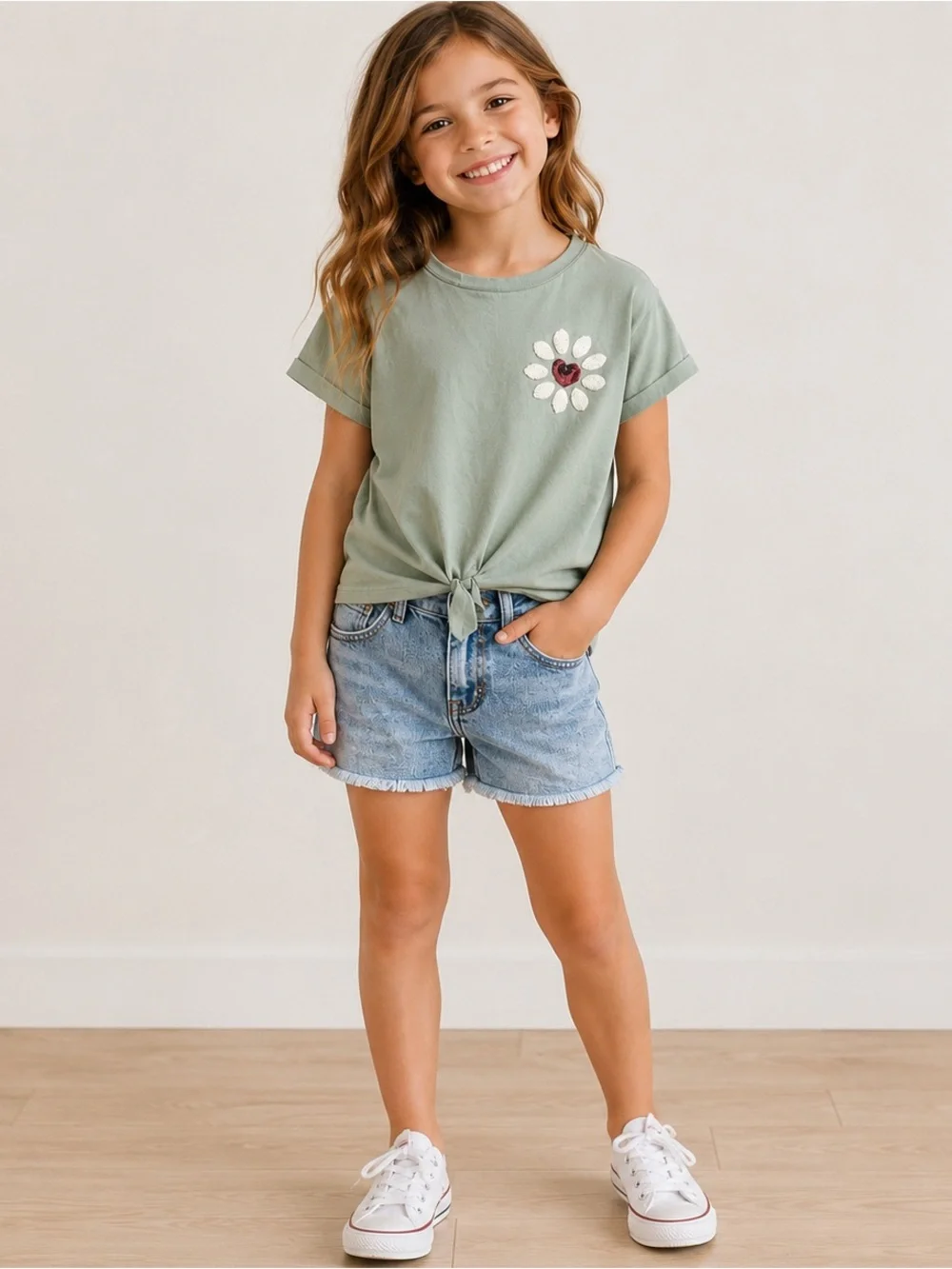 Wonder Nation Green Short Sleeve Tee with Daisy Design